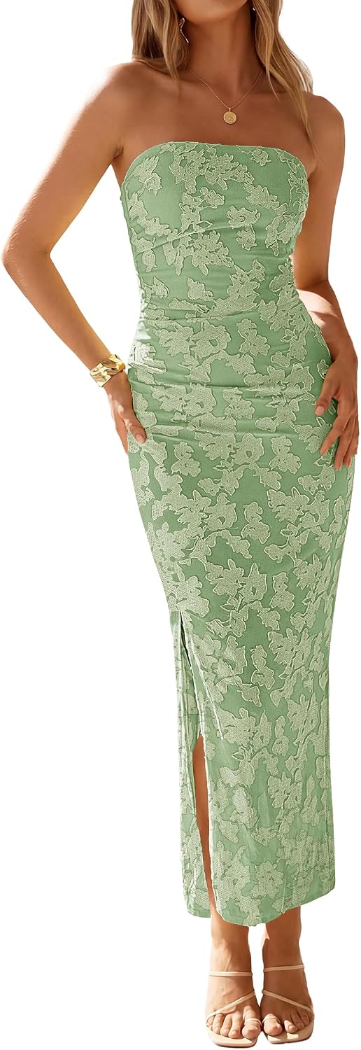 ZESICA Womens Summer Strapless Floral Bodycon Ruched Slit Maxi Formal Dress