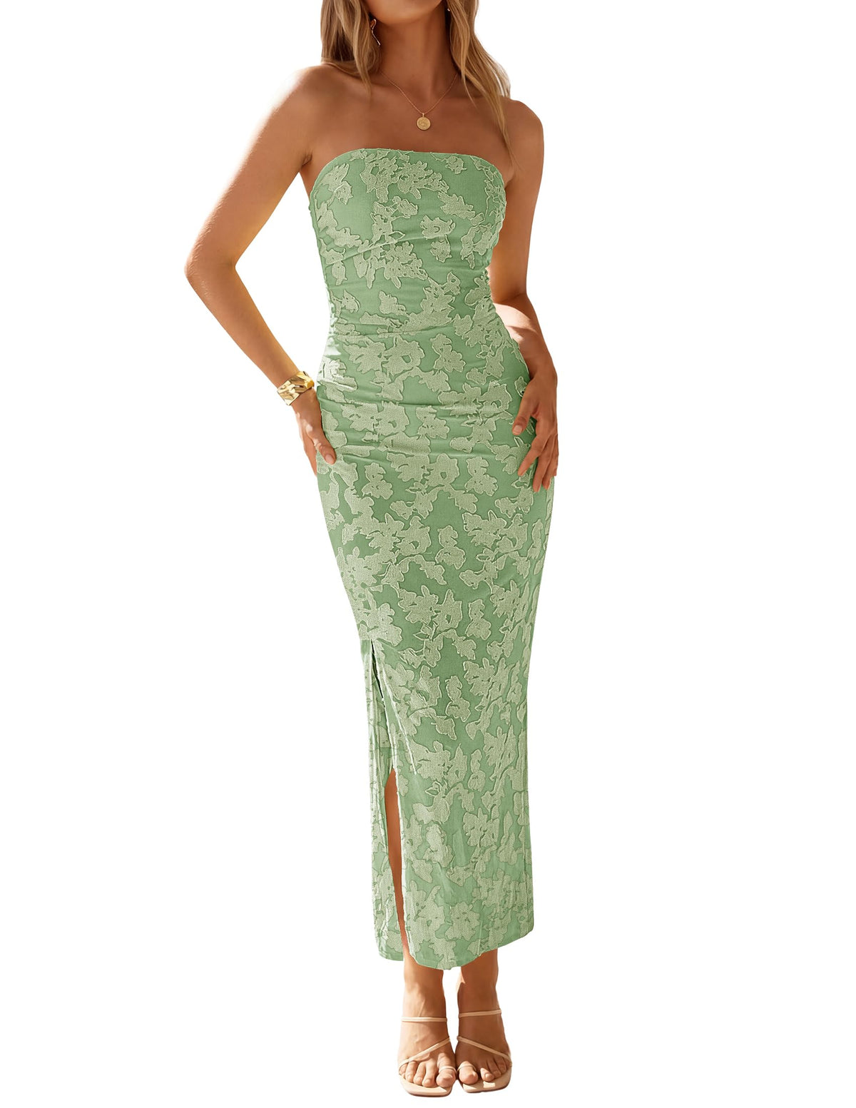 ZESICA Womens Summer Strapless Floral Bodycon Ruched Slit Maxi Formal Dress