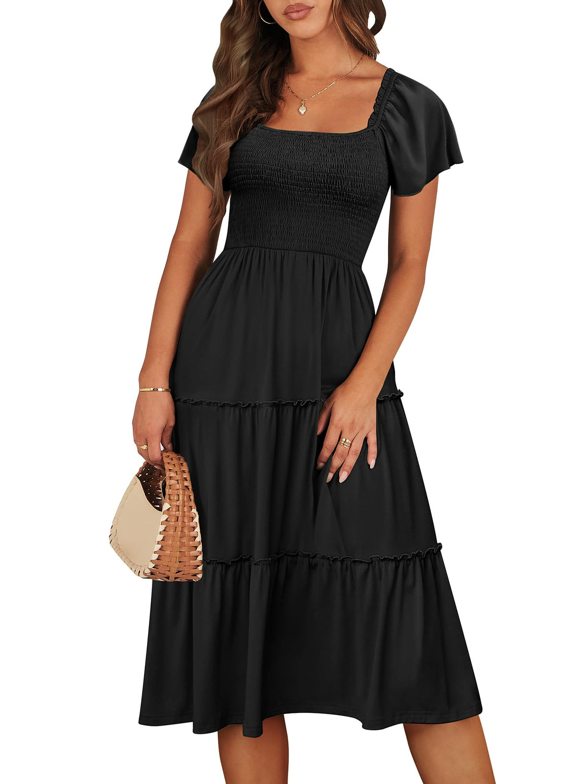 ANRABESS Women Summer Casual Square Neck Flutter Sleeve Boho Smocked A-Line Flowy Tiered Modest Midi Sun Dress with Pockets