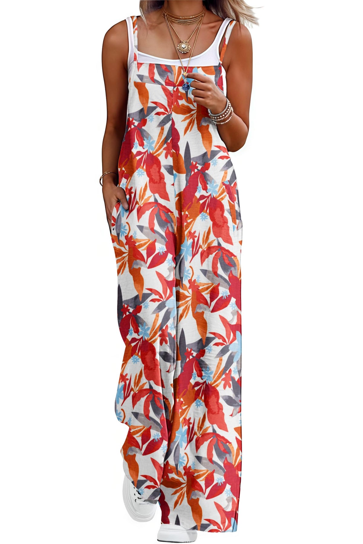 Lepunuo Womens Casual Loose Jumpsuits Summer Boho Wide Leg Rompers Sleeveless Overalls with Pockets