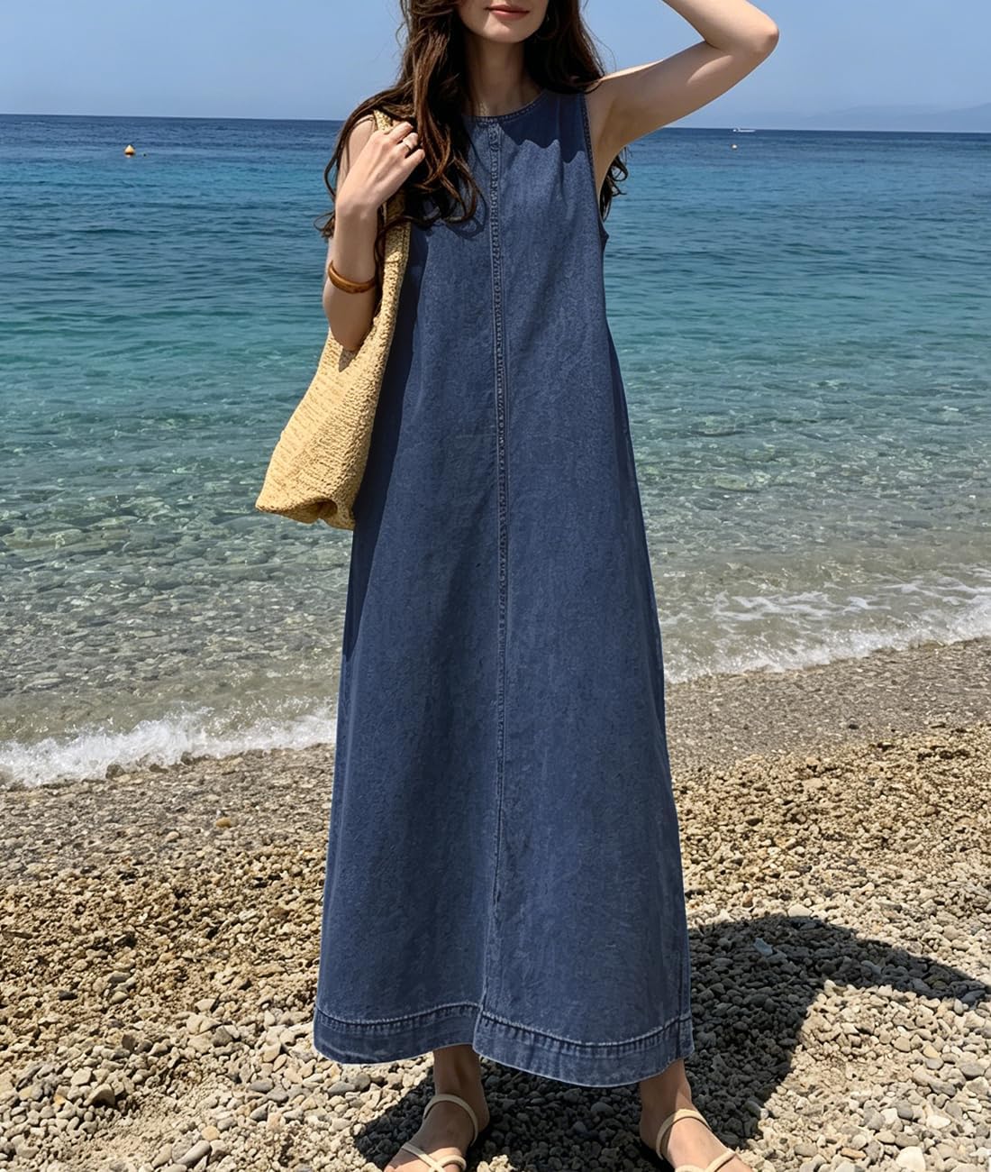 Retro Denim Jumper Dress for Women Sleeveless Crewneck Maxi Long Jean Vest Shift Dress with Pockets