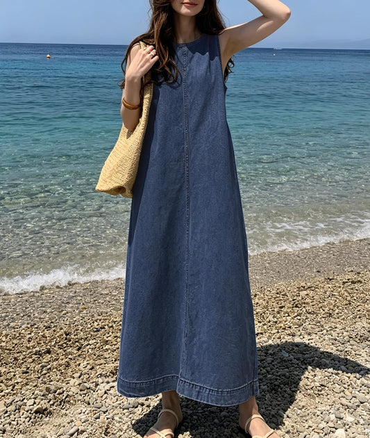 Retro Denim Jumper Dress for Women Sleeveless Crewneck Maxi Long Jean Vest Shift Dress with Pockets