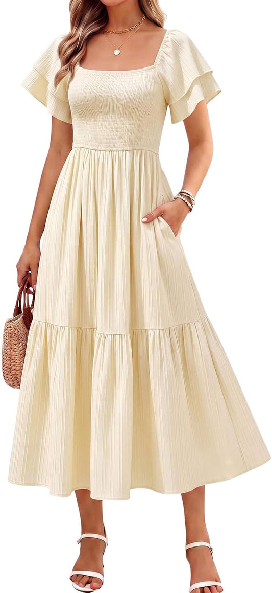 Women's Summer Midi Dress Short Sleeve Square Neck Off Shoulder Ruffle Elastic High Waist Vacation Dress with Pockets