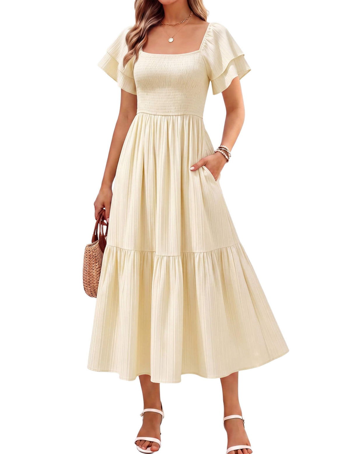 Women's Summer Midi Dress Short Sleeve Square Neck Off Shoulder Ruffle Elastic High Waist Vacation Dress with Pockets