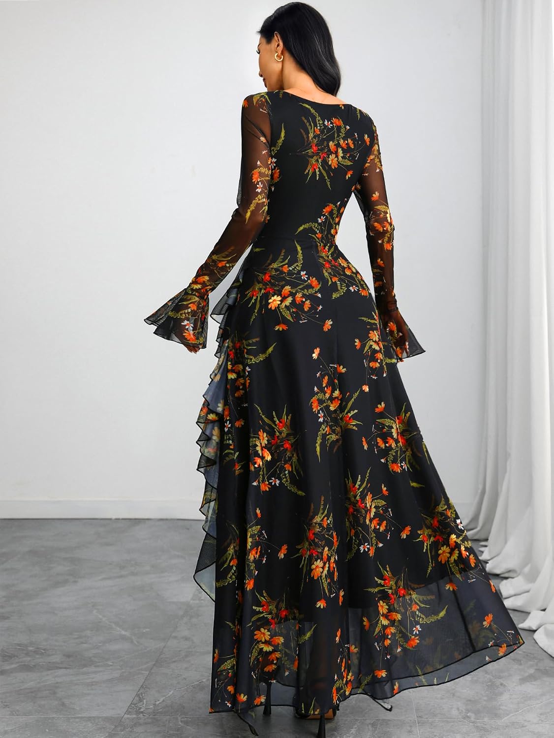 GothDark Women's Floral Dress Long Sleeve Square Neck Ruffle Party Outfit