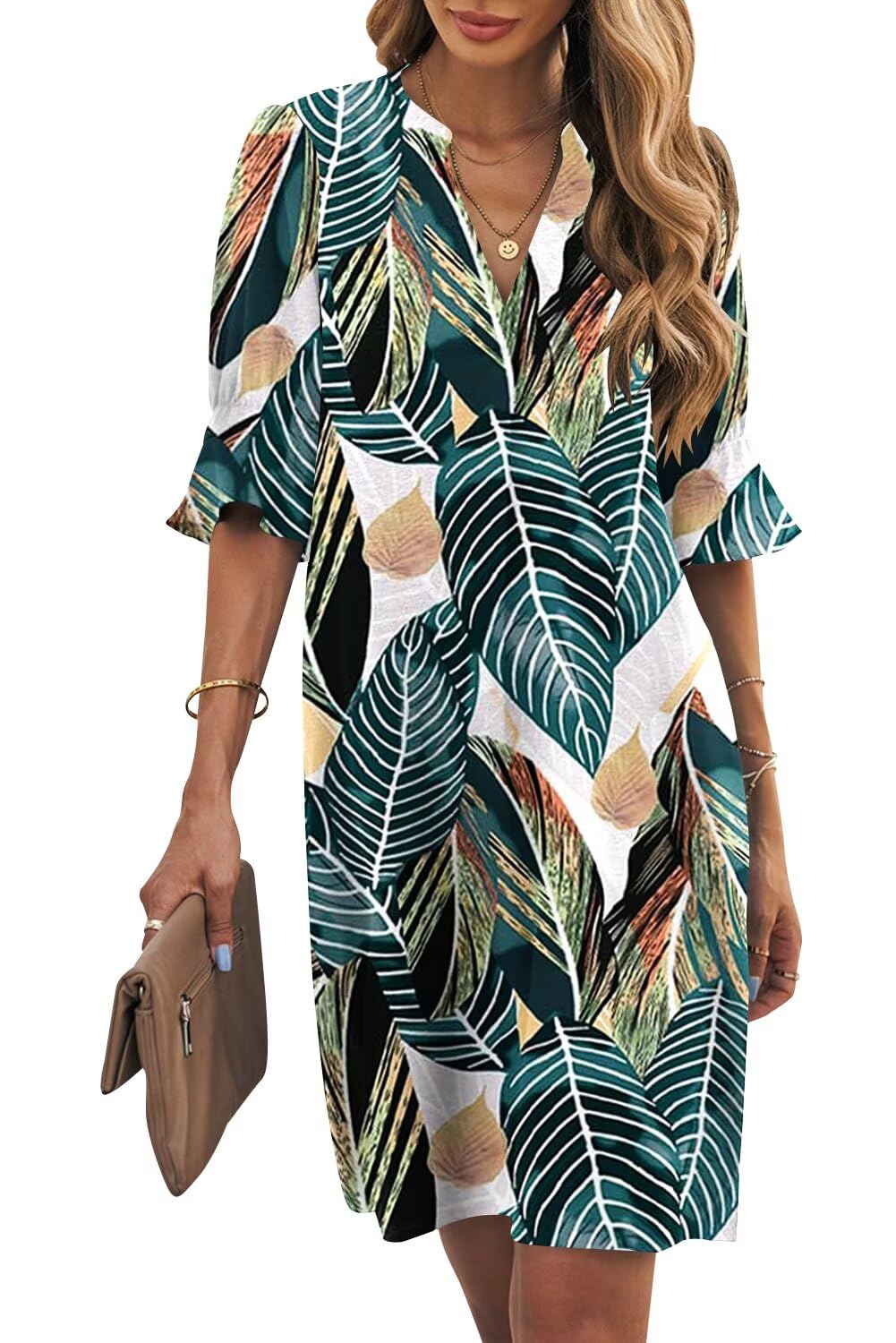 Wkior Womens Summer Ruffle Short Sleeve V Neck Shift Dress