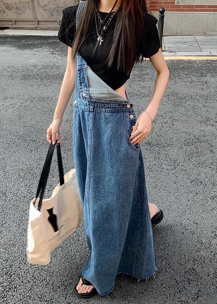 chouyatou Women's Adjustable Strap Distressed Denim Overall Dress A-Line Back Split Pinafore Bib Jean Dress
