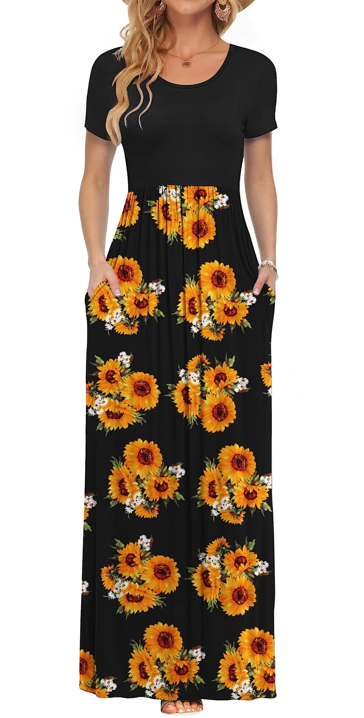 AUSELILY Women's Summer Short Sleeve Loose Plain Casual Long Maxi Dresses