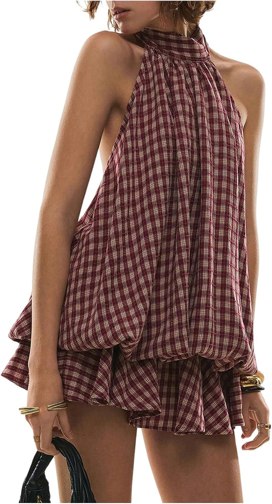 SOLY HUX Women's Plaid Halter Mini Dress Ruffle Bubble Hem Going Out Dress
