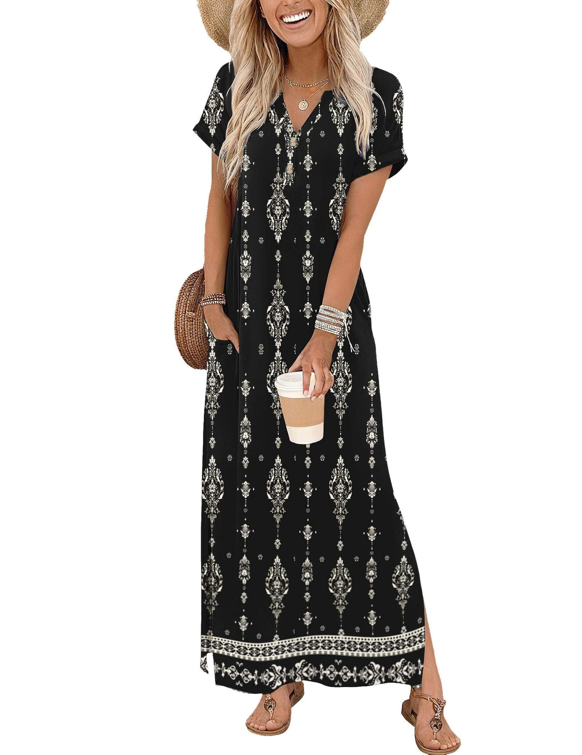 Zeagoo Summer Dresses for Women 2026 Maxi Dresses Vacation Sundress Short Sleeve Casual Sundresses Split Dress with Pockets