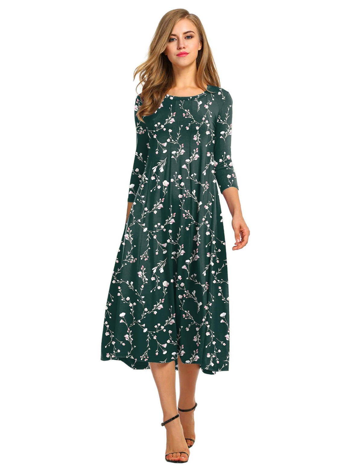 HOTOUCH Women's 3/4 Sleeve A-line and Flare Midi Long Dress