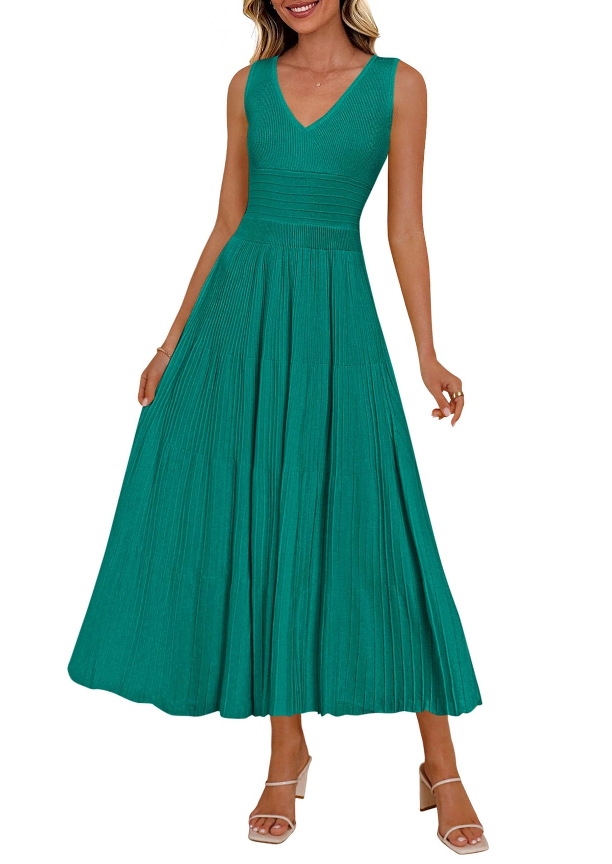 PRETTYGARDEN Women's Summer V Neck Pleated Midi Dress