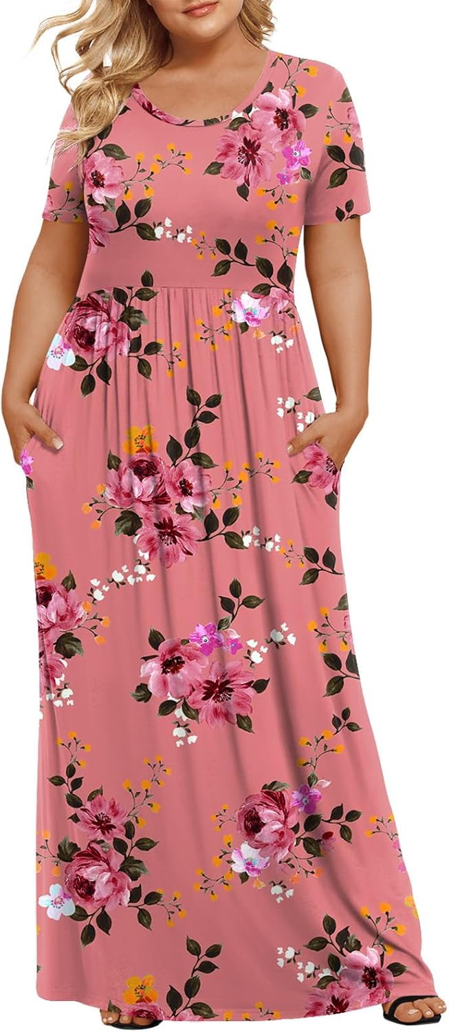 LONGYUAN Women's Plus Size Maxi Dresses Summer Short Sleeve Casual Long Dress 2026 XL-6XL