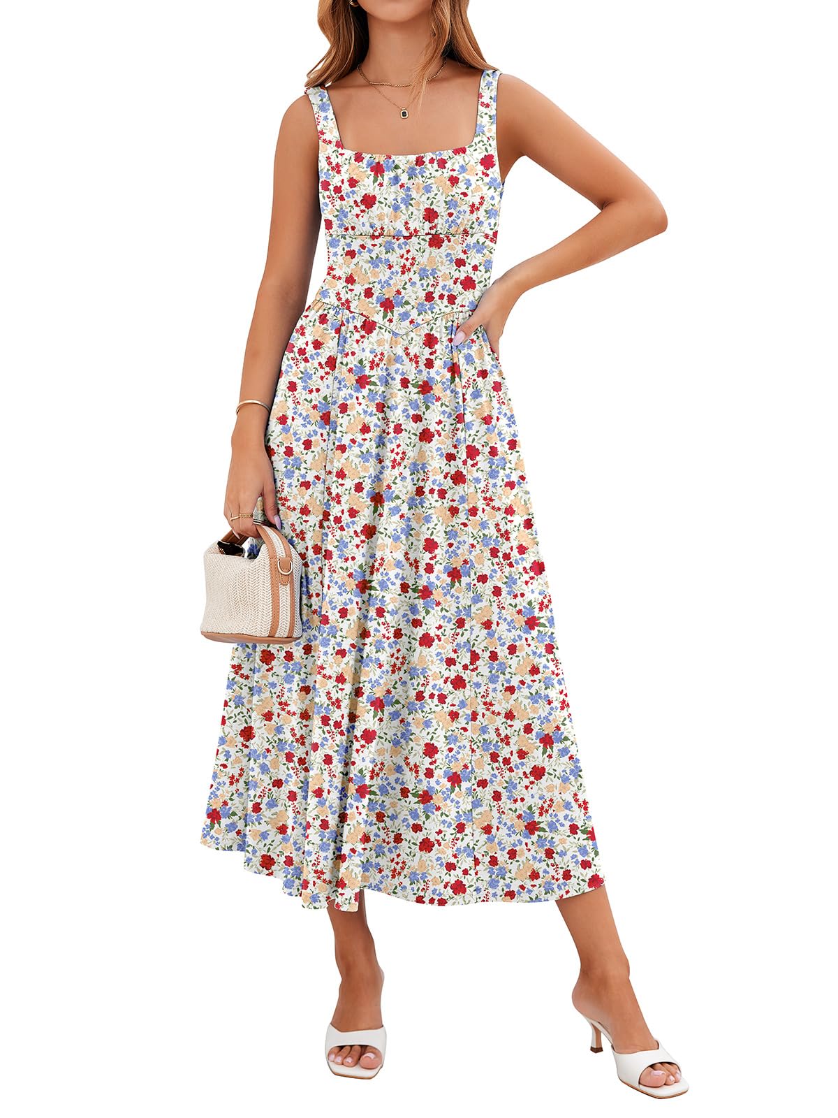 YIOYOLA Womens Casual Summer Dress with Pockets | Sleeveless Square Neck Flowy A-Line Midi Sundress for Beach & Wedding Guest