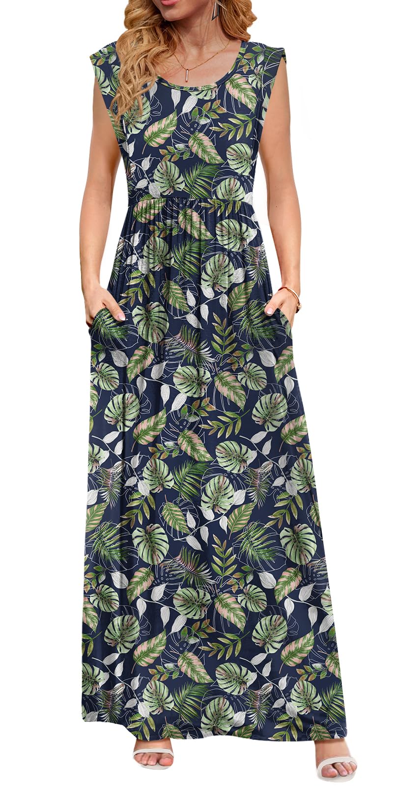 DB MOON Womens 2026 Maxi Dresses Empire Waist Long Summer Dress Casual Cap Short Sleeve Sundress with Pockets