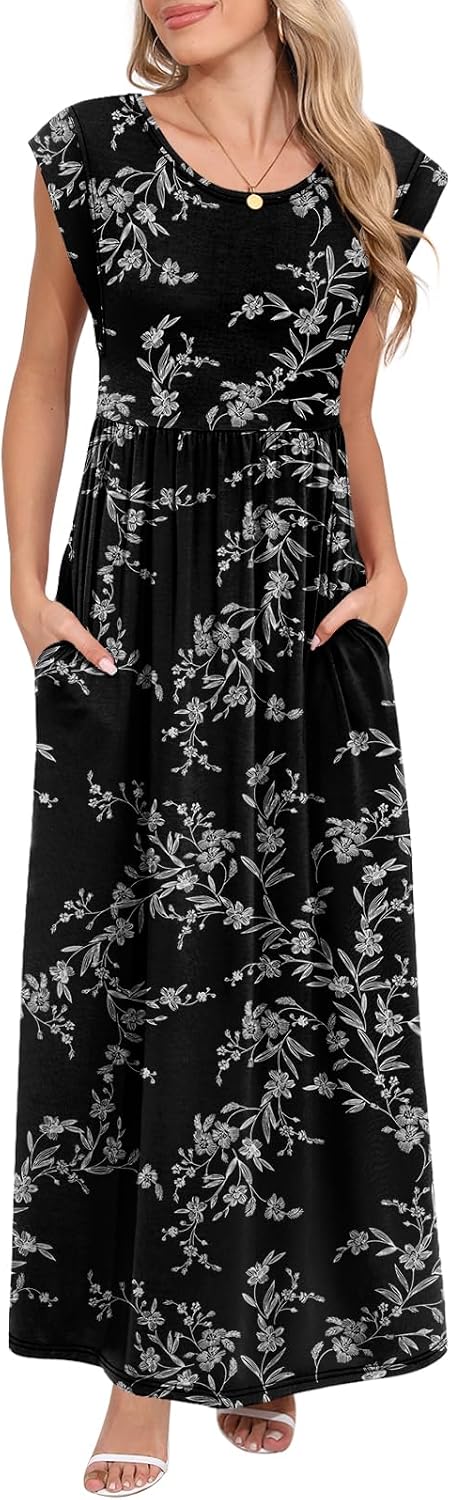 DB MOON Womens 2026 Maxi Dresses Empire Waist Long Summer Dress Casual Cap Short Sleeve Sundress with Pockets