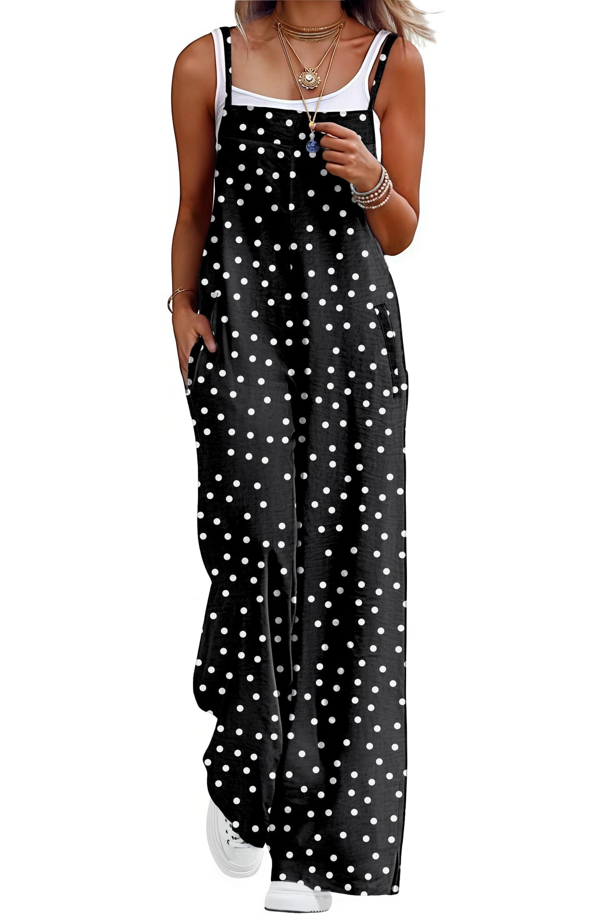Lepunuo Womens Casual Loose Jumpsuits Summer Boho Wide Leg Rompers Sleeveless Overalls with Pockets