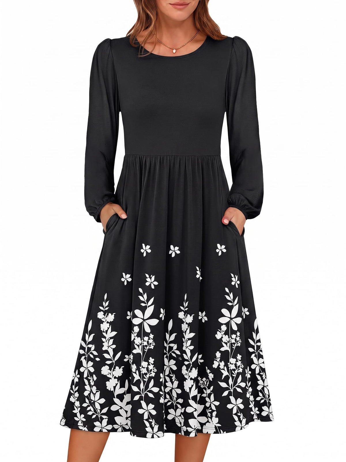 ANRABESS Women Long Sleeve Casual Fall Midi Dress Lightweight with Pockets