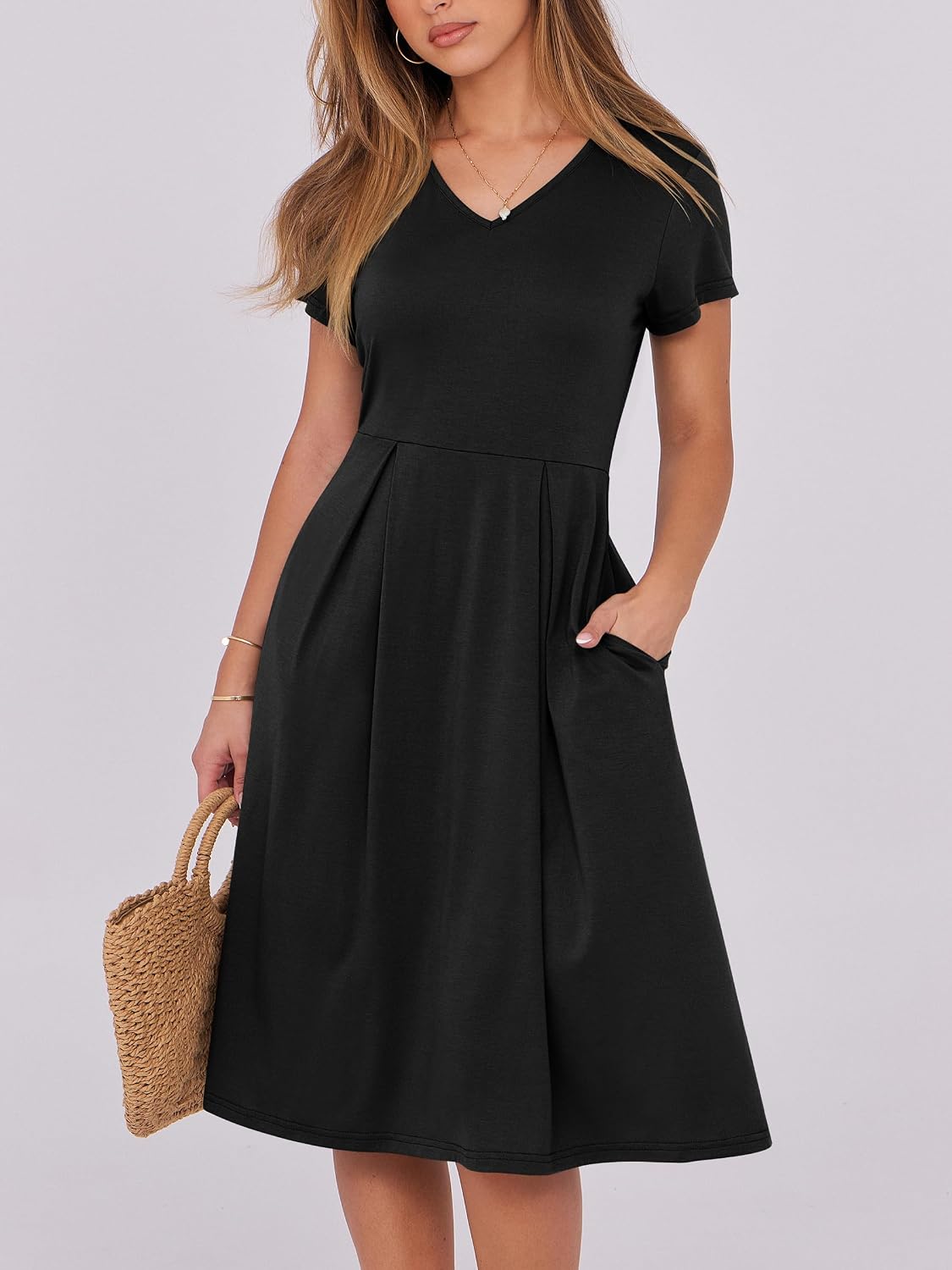 ANRABESS Women Summer Dress Casual Short Sleeve V Neck A-Line Knee Length Pleated Flowy 2026 Fashion Midi Dresses with Pocket