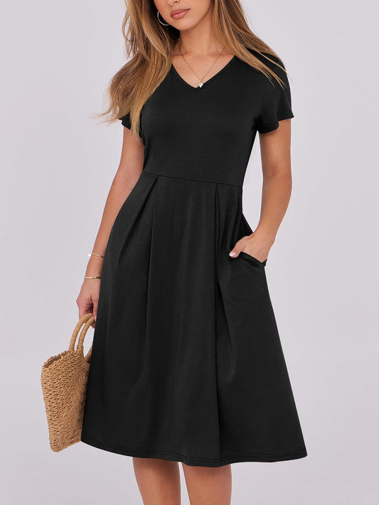ANRABESS Women Summer Dress Casual Short Sleeve V Neck A-Line Knee Length Pleated Flowy 2026 Fashion Midi Dresses with Pocket
