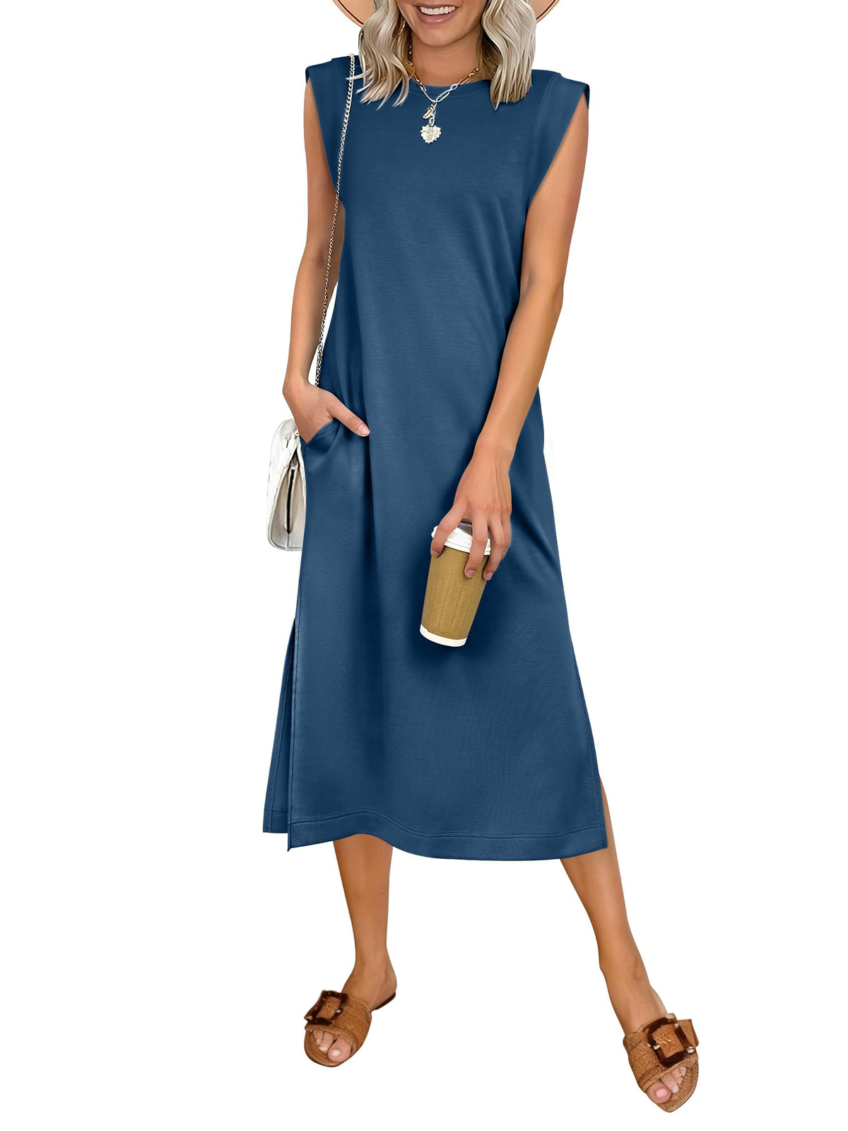 ANRABESS Womens Summer Casual Midi Dress Sleeveless Crewneck Loose Split Wrinkle-Free Beach Travel Vacation Long Sundress