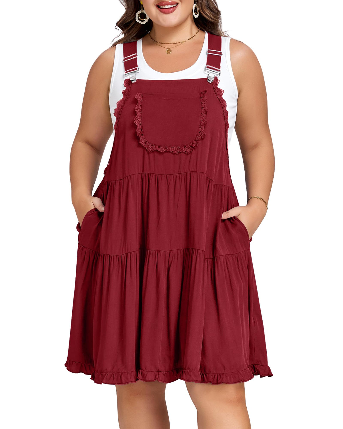 Moon Wood Plus Size Overall Dress for Women Adjustable Straps Lace Trim Jumper Dress with Pockets Tiered Mini Dress