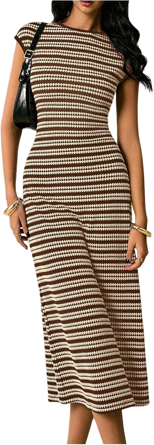 SOLY HUX Women's Striped Midi Dress Casual Work Knit Bodycon Summer Dresses