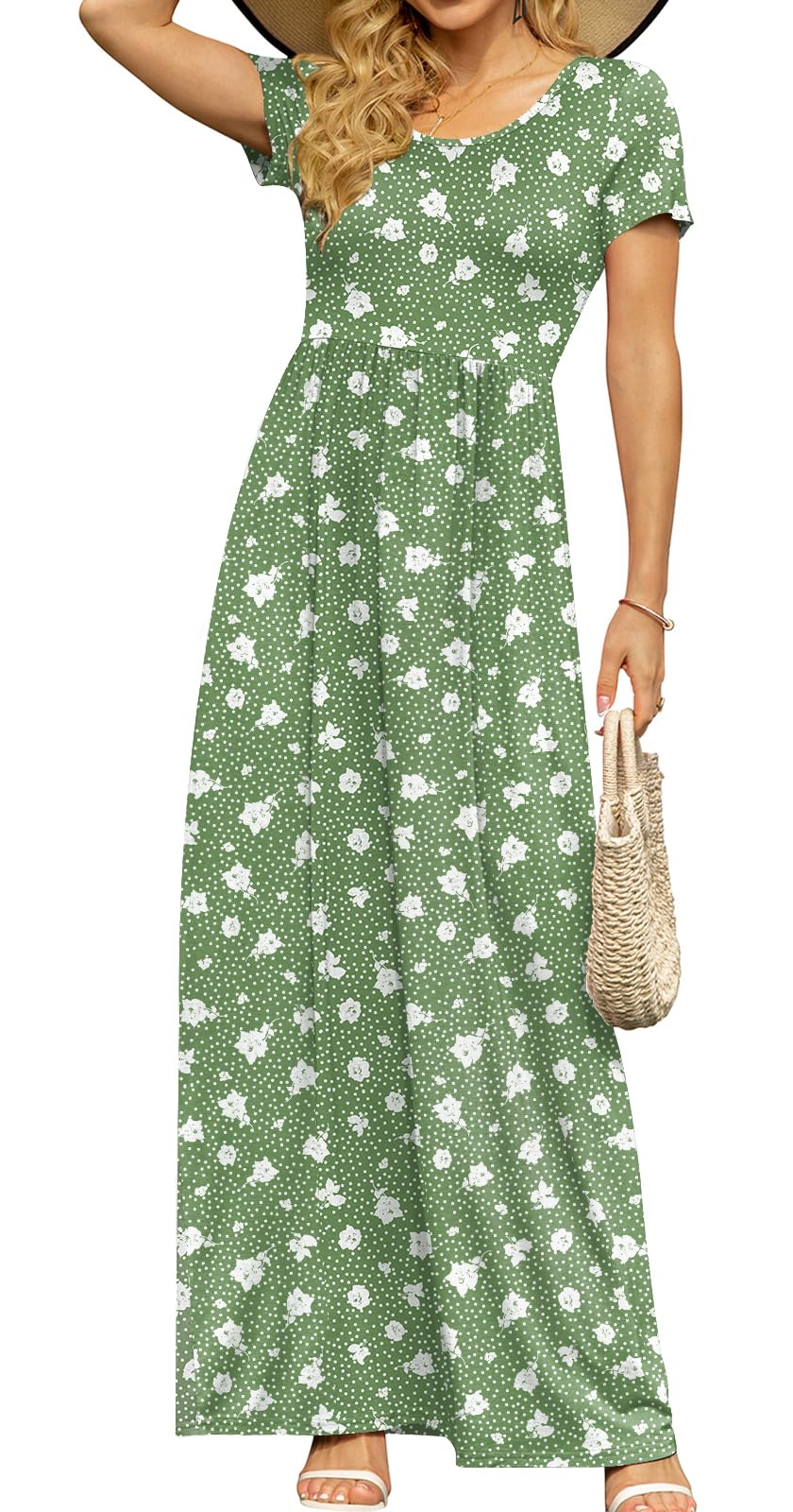 DB MOON Women's Summer Maxi Dress Casual Short Sleeve Empire Waist Pockets