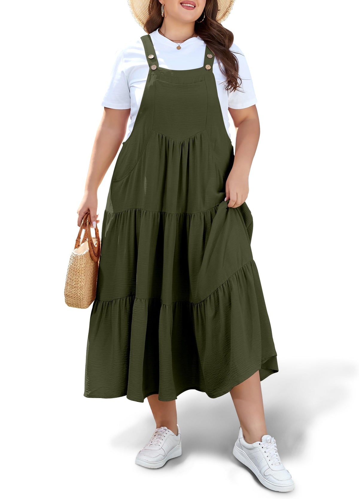 Moon Wood Plus Size Overall Dress for Women Summer Casual Maxi Dresses Jumper Dresses with Pockets Adjustable Straps
