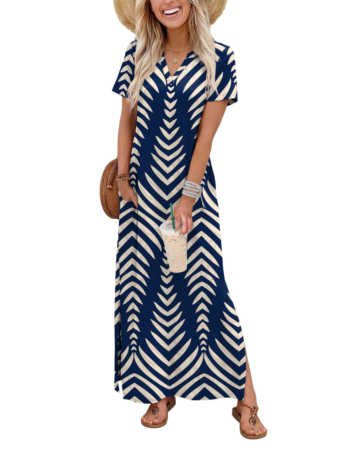 OFEEFAN Summer Dresses for Women 2026 Maxi Dress Short Sleeve Sundresses with Pockets Beach Vacation Spring Outfits
