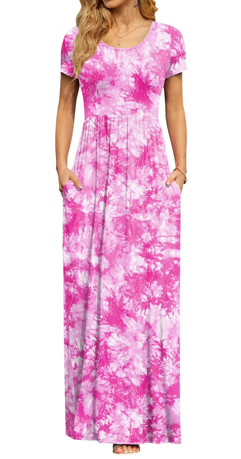 DB MOON Women's Summer Maxi Dress Casual Short Sleeve Empire Waist Pockets
