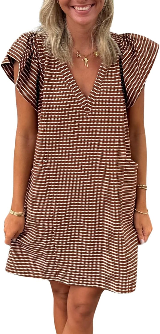 Mieazom Striped V-Neck Mini Dress for Women Puff Sleeve Casual Dress with Pockets, Comfortable & Stylish for Summer