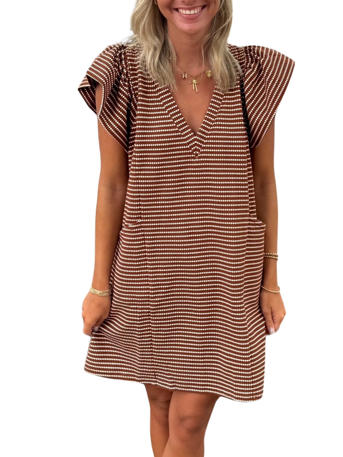 Mieazom Striped V-Neck Mini Dress for Women Puff Sleeve Casual Dress with Pockets, Comfortable & Stylish for Summer