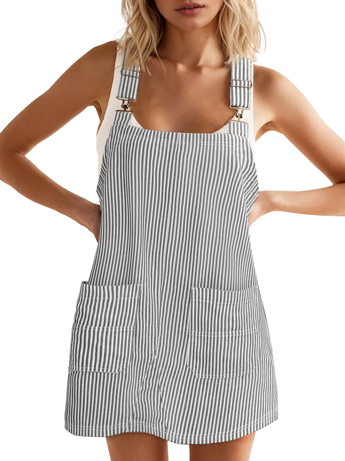 Yousify Womens Casual Denim Dress Striped Overalls Romper Jean Dress