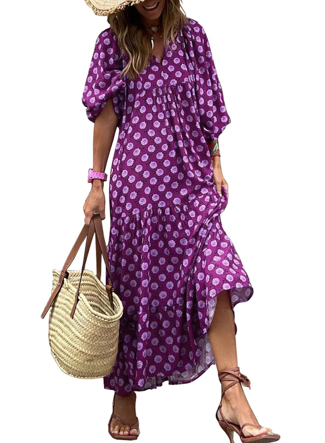 miduo Womens Casual V Neck Half Sleeve Bohemian Geometric Maxi Long Dresses