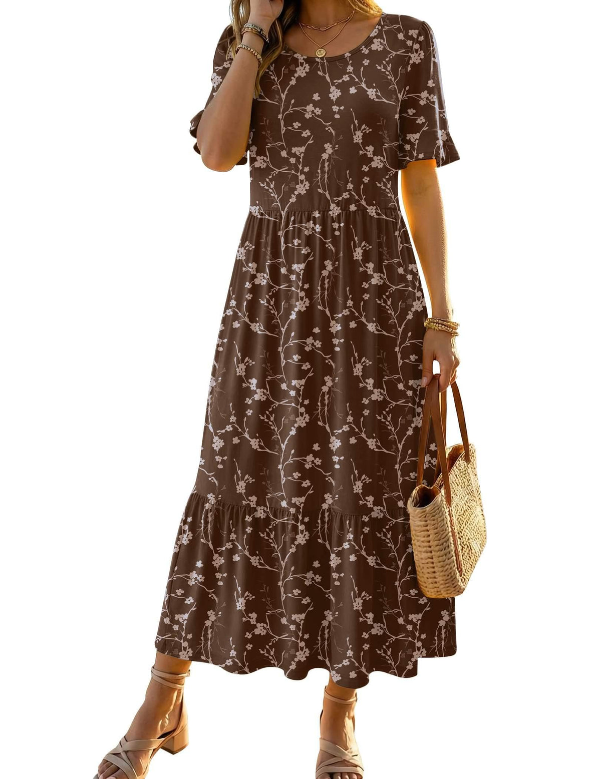 Zeagoo Womens Summer Dresses 2026 Casual Midi Dress Flowy Sundress Ruffle Short Sleeve Tiered Dresses A Line Boho Dress