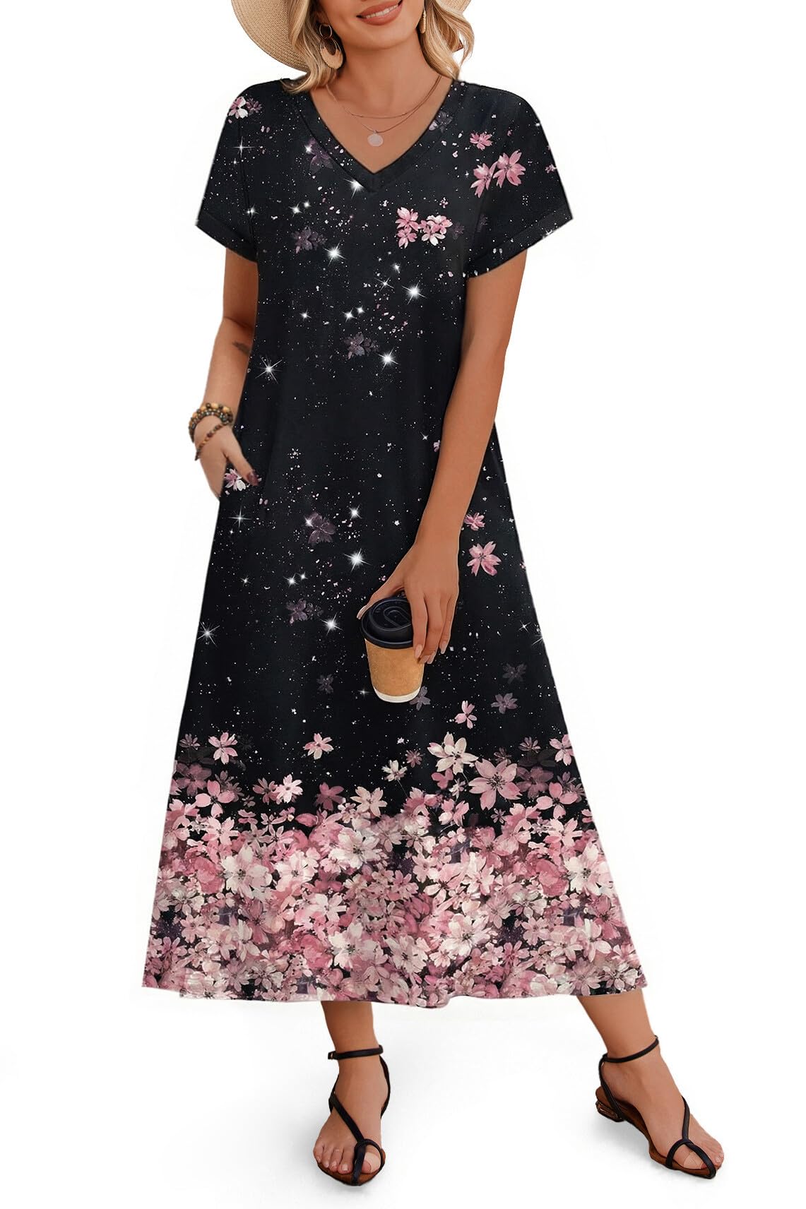 Zeagoo Women Summer Floral Dress Short Sleeve Beach Dress with Pockets Casual V-Neck Split Long T-Shirt Dress Travel Vacation