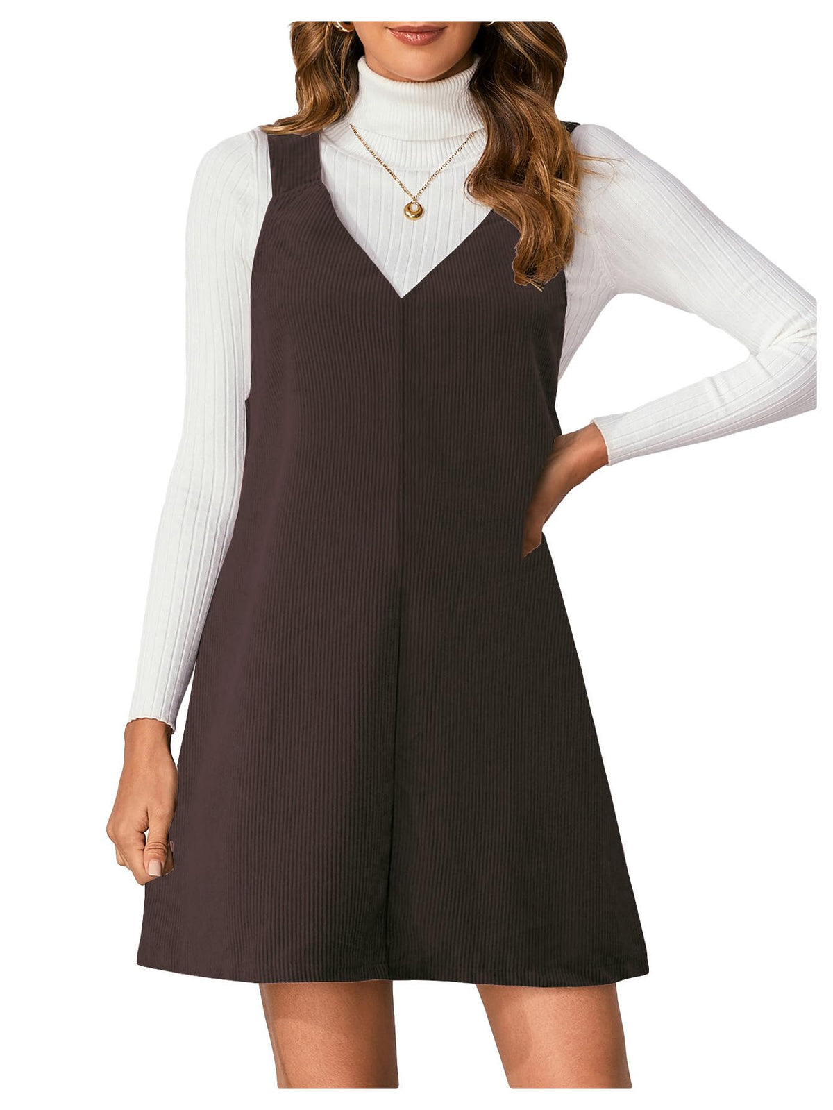 Milumia Women's V Neck Corduroy Overall Dress Mini Pinafore Jumper Dress