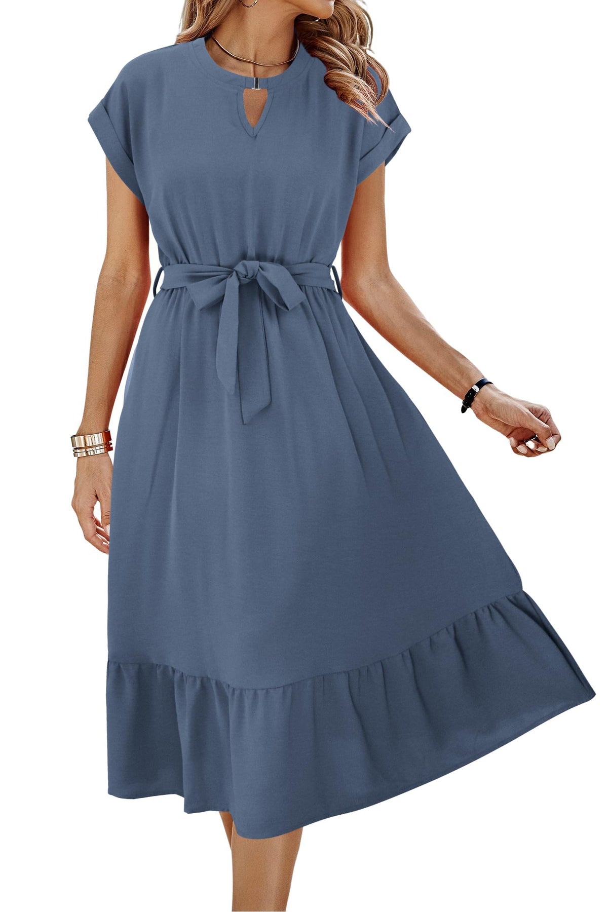 ECOWISH Womens Casual Midi Dresses Solid V Neck Short Sleeve Button Shirt Belted Dress with Pockets for Spring Summer 2026