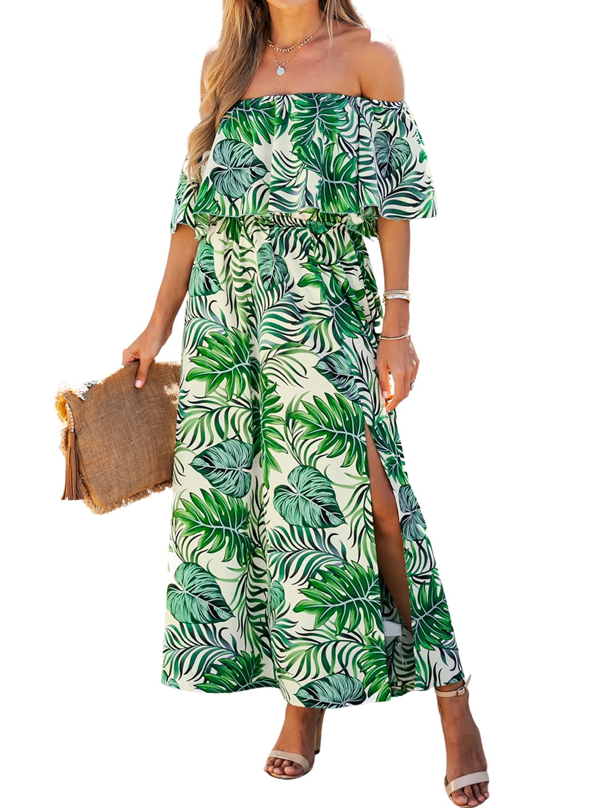 CUPSHE Womens Ruffle Floral Maxi Summer Dress Off Shoulder Beach Dress