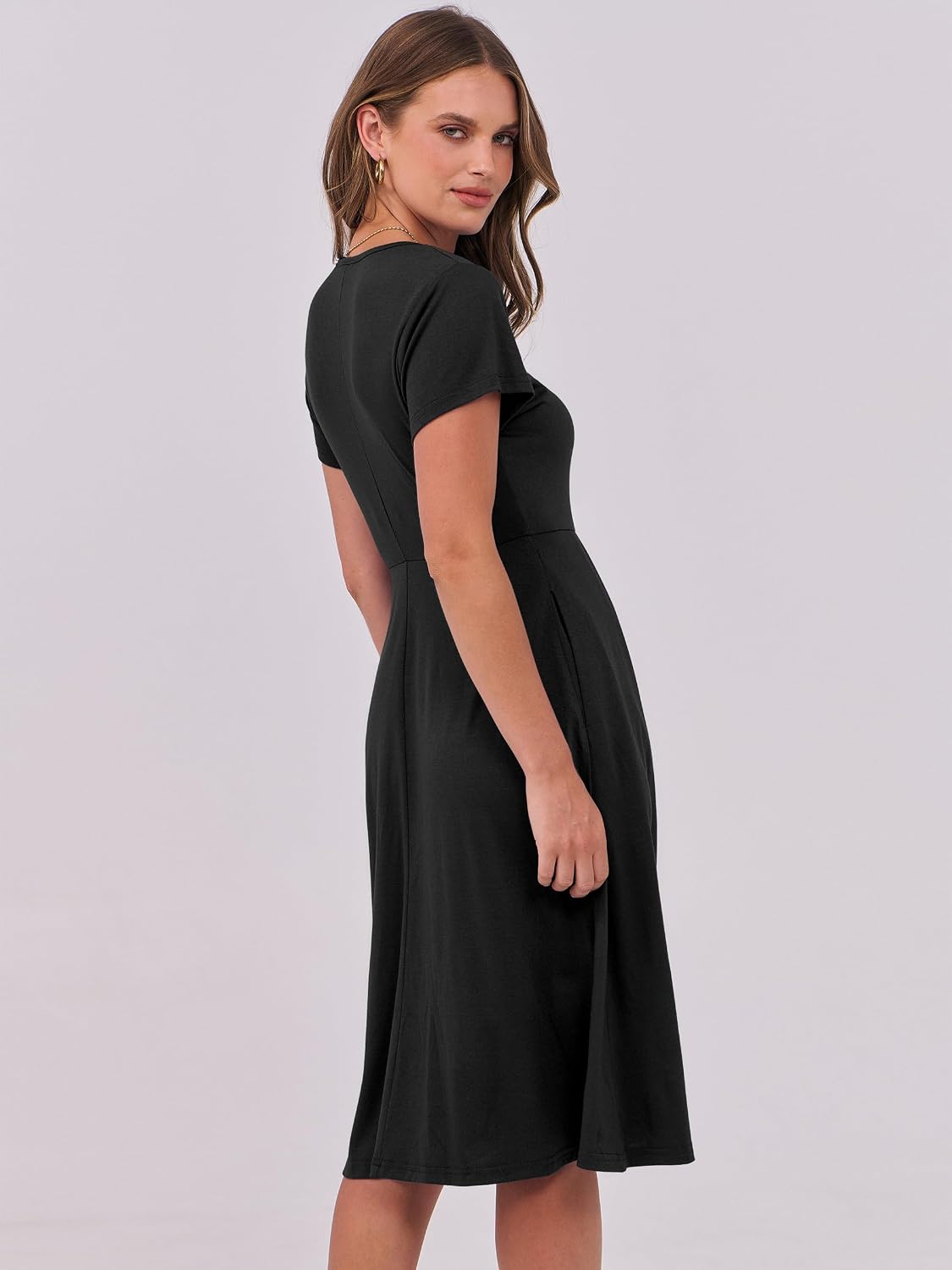 ANRABESS Women Summer Dress Casual Short Sleeve V Neck A-Line Knee Length Pleated Flowy 2026 Fashion Midi Dresses with Pocket
