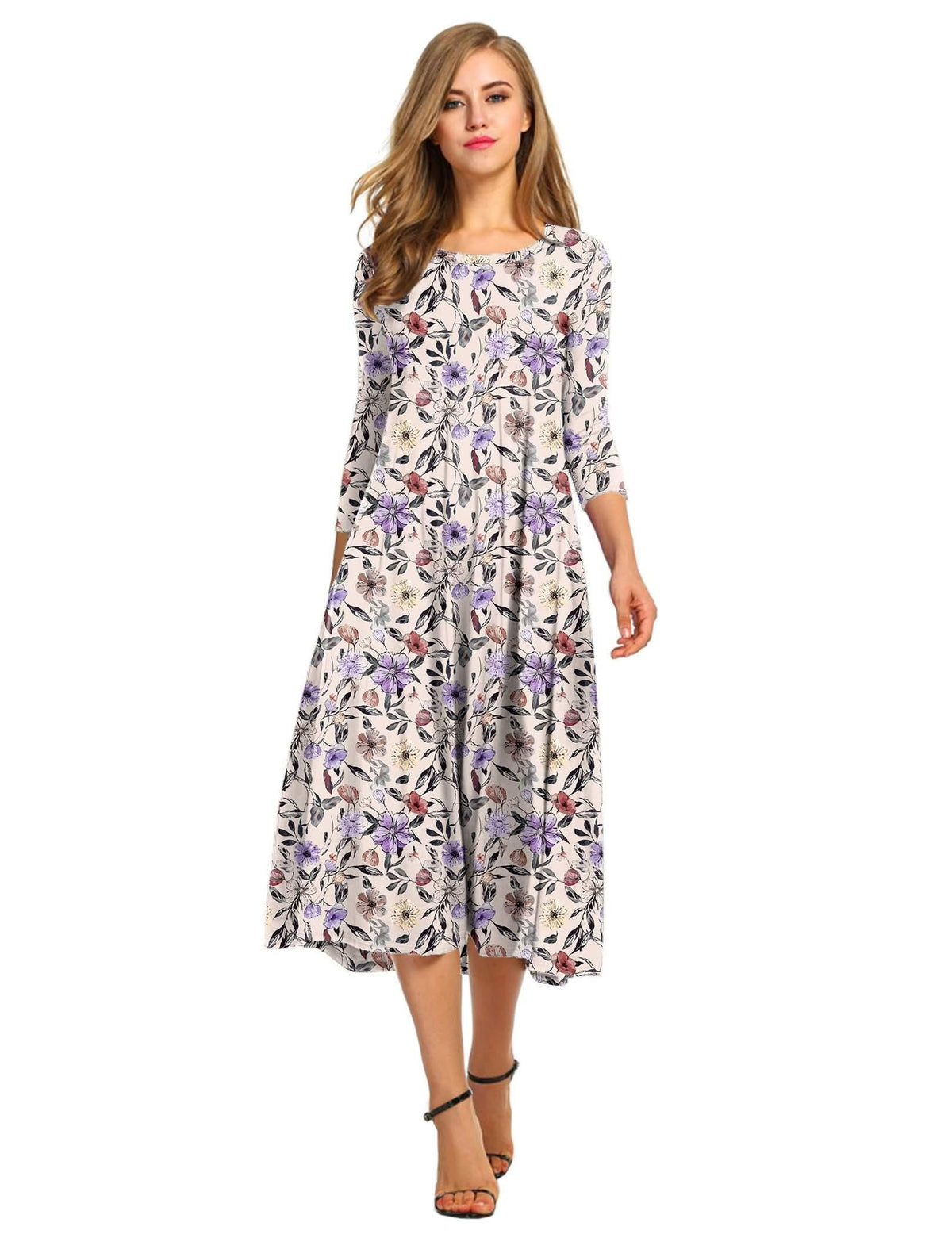 HOTOUCH Women's 3/4 Sleeve A-line and Flare Midi Long Dress