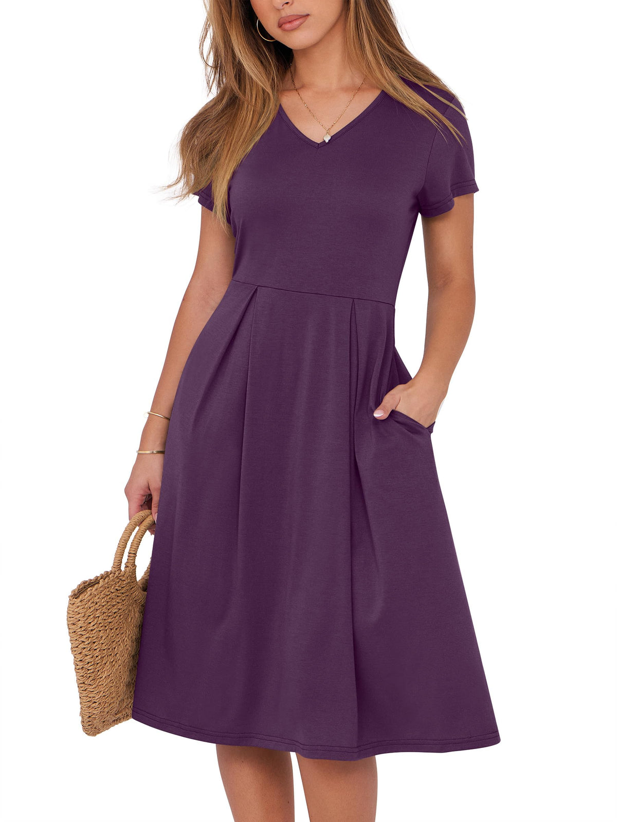 ANRABESS Women Summer Dress Casual Short Sleeve V Neck A-Line Knee Length Pleated Flowy 2026 Fashion Midi Dresses with Pocket