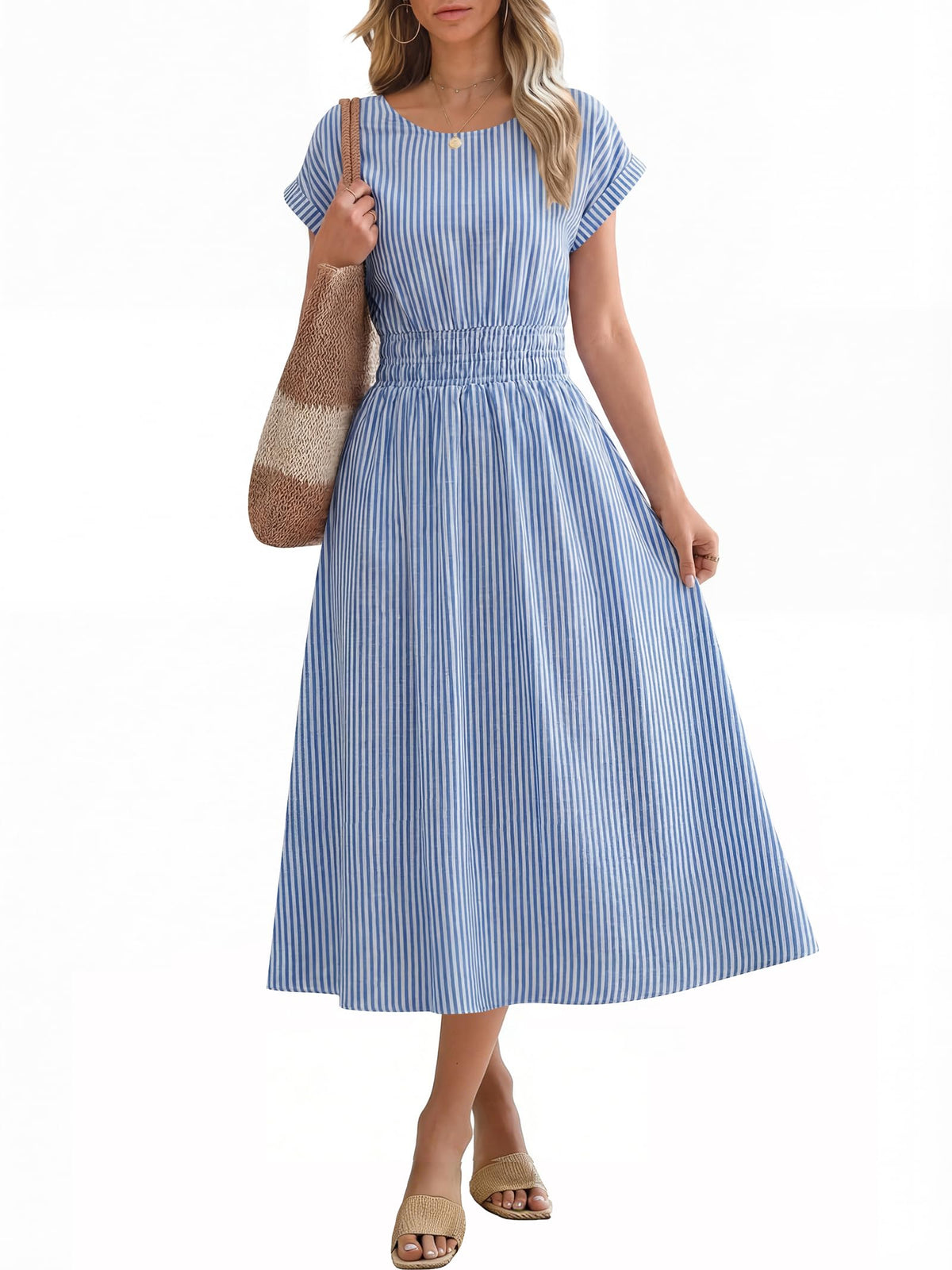 ANRABESS Womens Summer Midi Dress Striped Casual Short Sleeve Crewneck Elastic Waist 2026 Flowy Long Beach Dress with Pockets