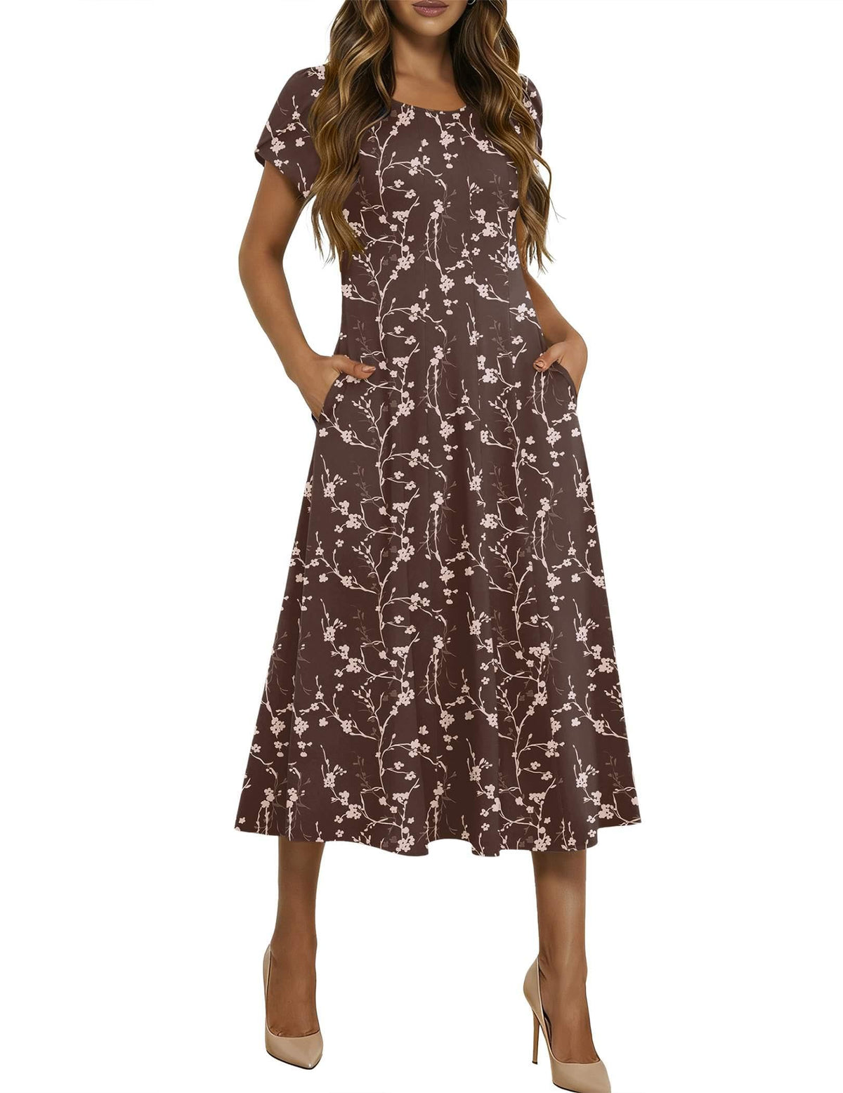 HOTOUCH Summer Dresses for Women 2026 Casual Midi Dress Petal Short Sleeve A Line Dress Pleated Flare Sundress