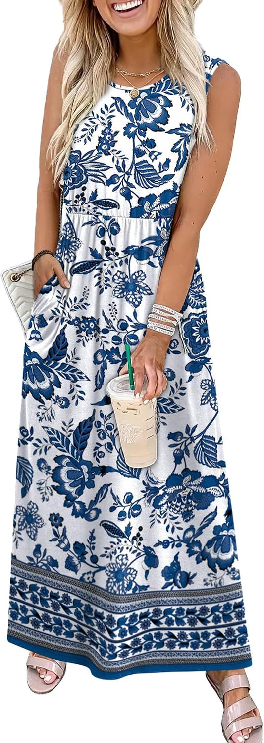 WIHOLL Summer Dresses for Women 2026 Maxi Dresses Long Flowy A Line Sleeveless Sundresses with Pockets