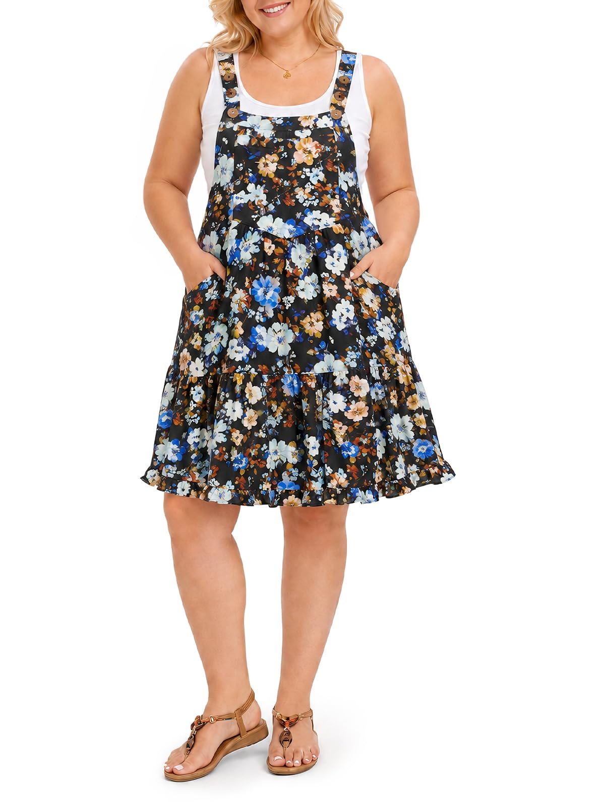 Moon Wood Plus Size Overall Dress for Women Adjustable Straps Jumper Pinafore Dress with Pockets Summer Mini Short Dress