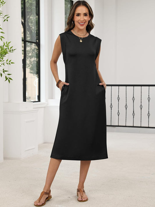 ANRABESS Womens Summer Casual Midi Dress Sleeveless Crewneck Loose Split Wrinkle-Free Beach Travel Vacation Long Sundress