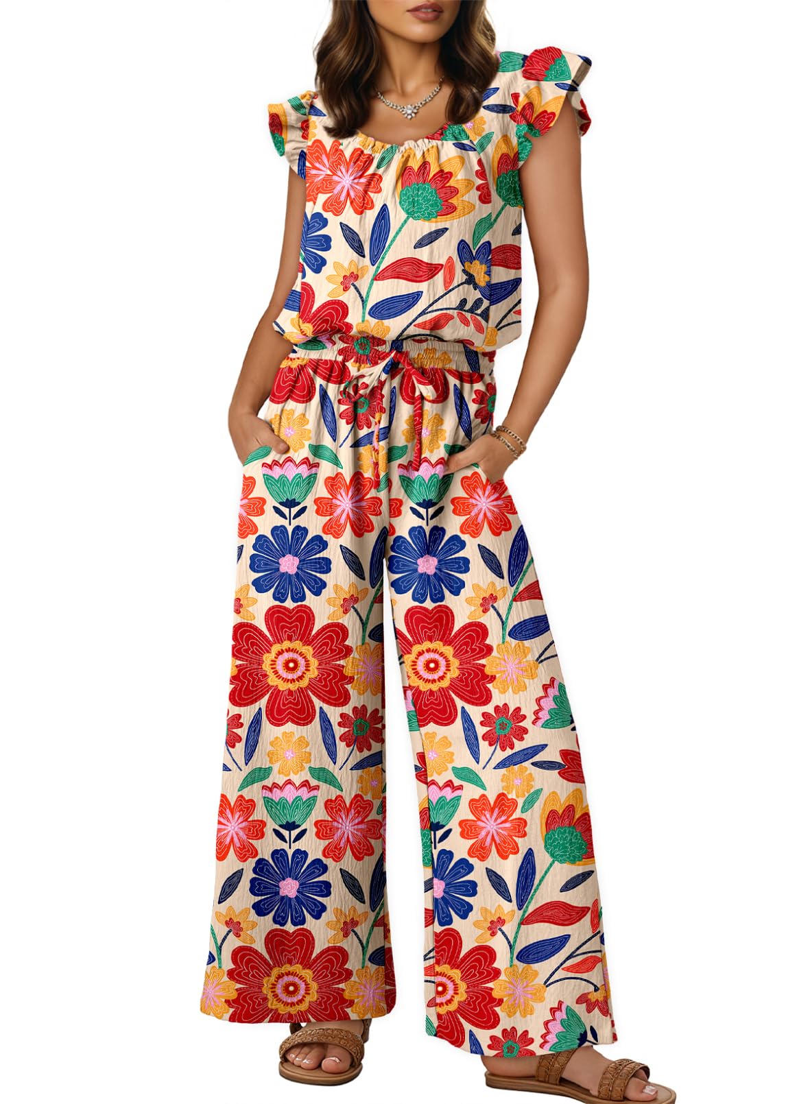 Dokotoo Jumpsuits for Women 2026 Summer Ruffle Sleeves Square Neck Rompers Drawstring Overalls with Pockets
