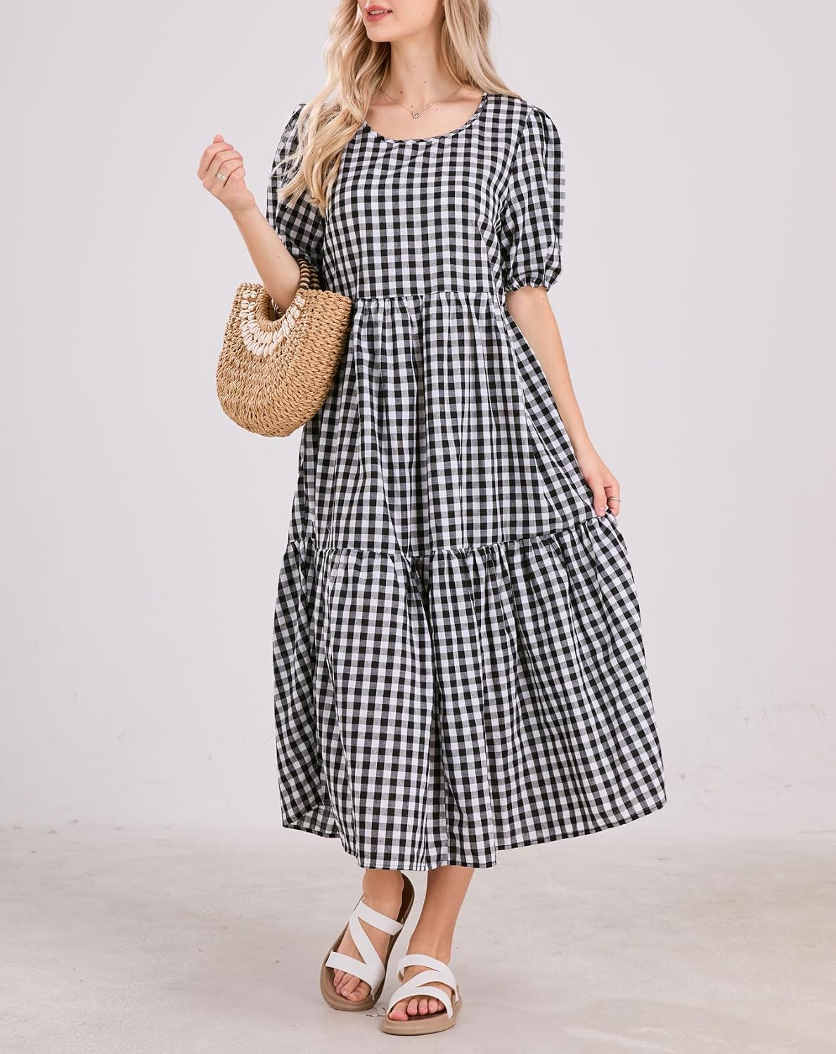 chouyatou Women's Retro Lantern Puff Sleeve Plaid Dress Gingham Swing Tiered Midi Long Dress